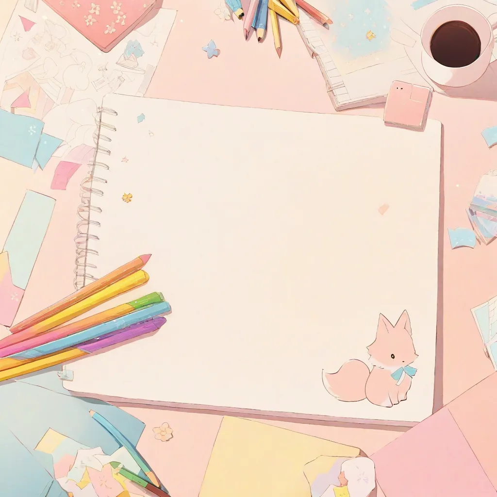 Cozy desk with coloring pages, pencils, coffee, and a tiny fox illustration