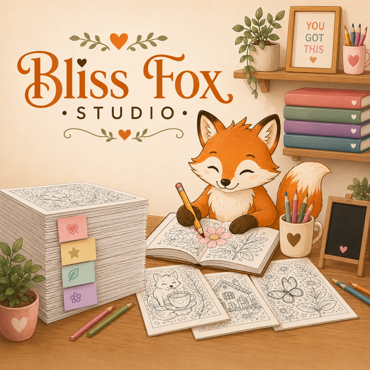 Bliss Fox Studio fox coloring at a cozy desk with stacks of printable pages and colored pencils