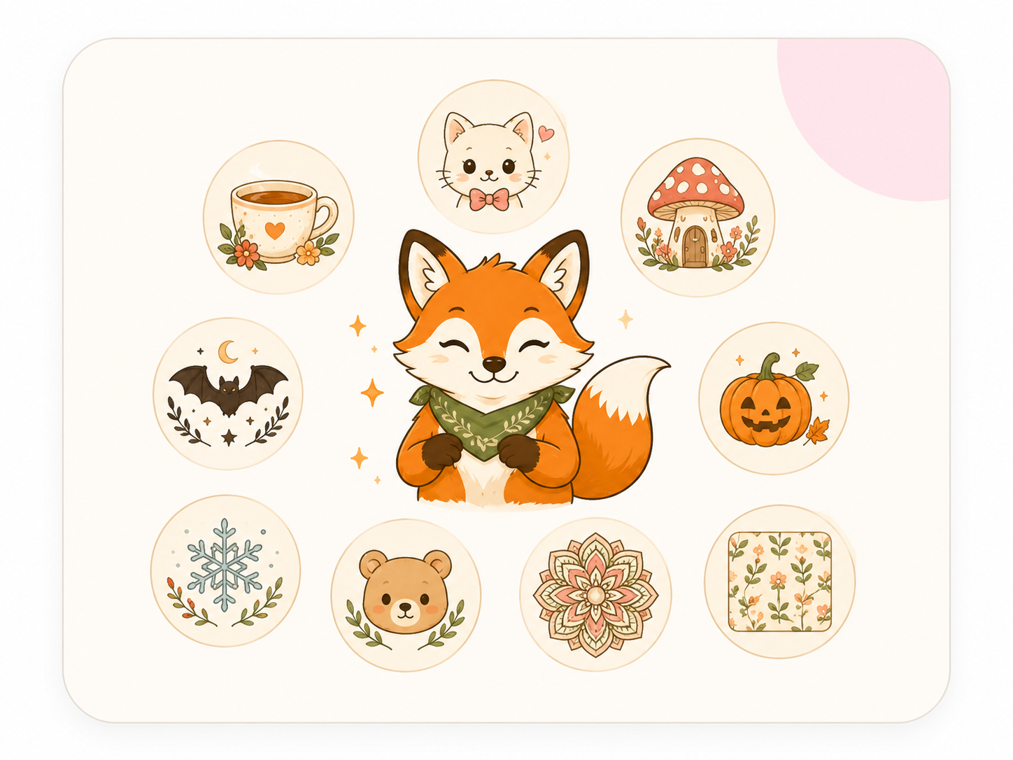 Fox surrounded by cozy, kawaii, fantasy, goth, seasonal, animal, mandala, and pattern coloring theme icons
