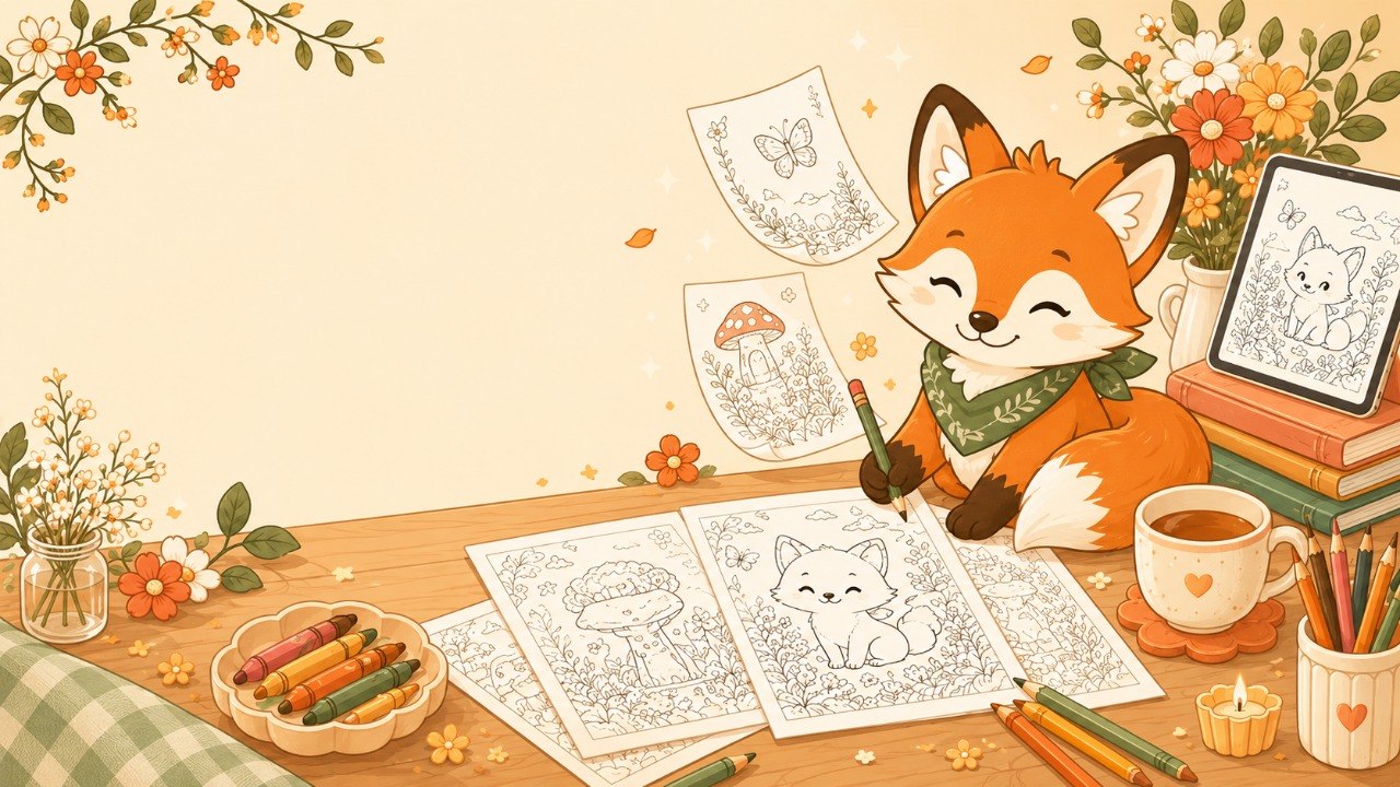 Smiling fox drawing coloring pages at a cozy Bliss Fox Studio art desk