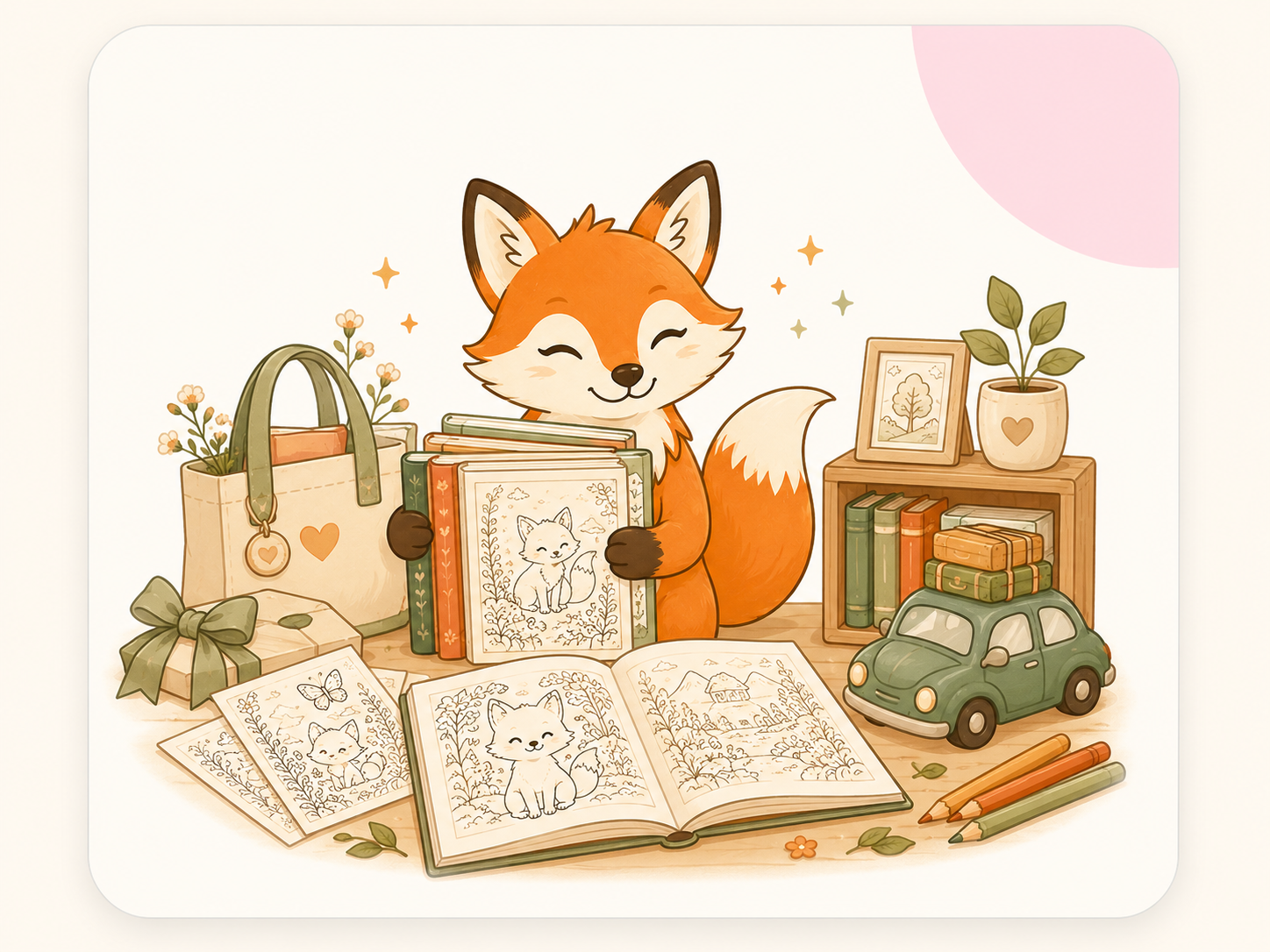 Fox holding physical Bliss Fox Studio coloring books with gift bag, bookshelves, road trip car, coloring pages, and pencils