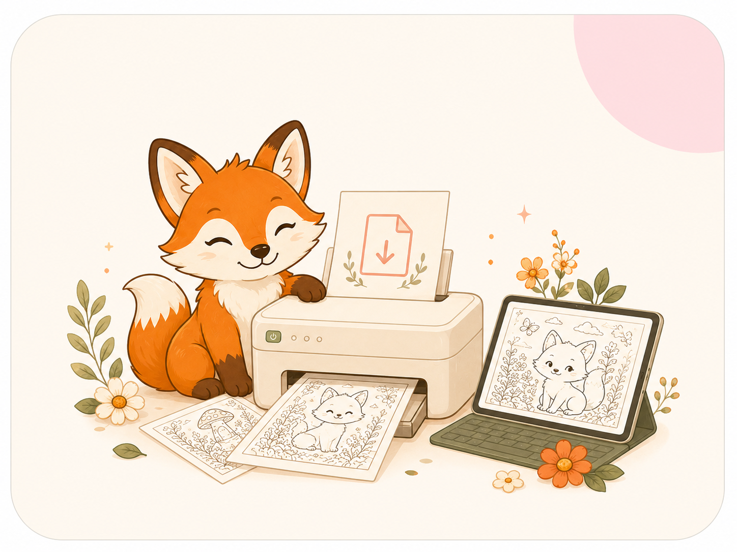 Fox beside a printer and tablet showing printable digital coloring pages